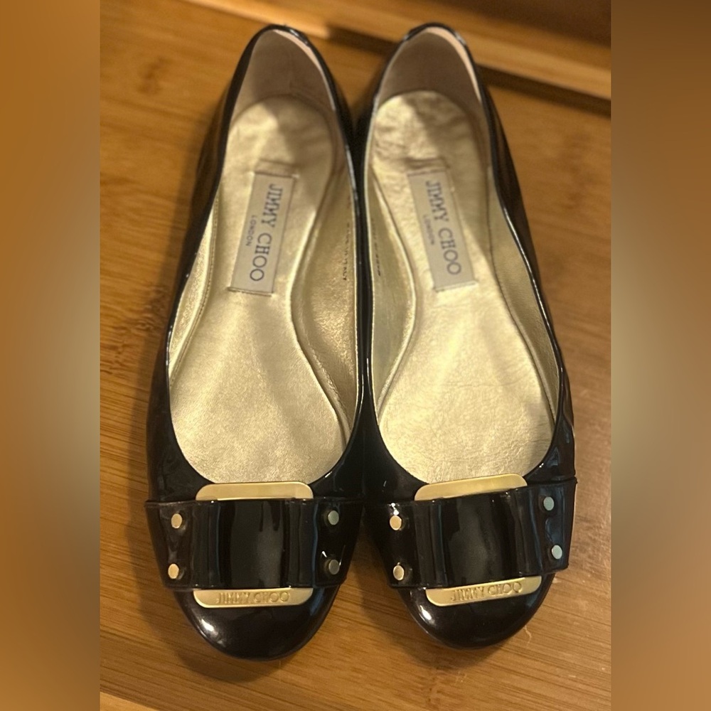 Jimmy Choo Navy Patent Ballet Flats with Gold Logo Buckle
